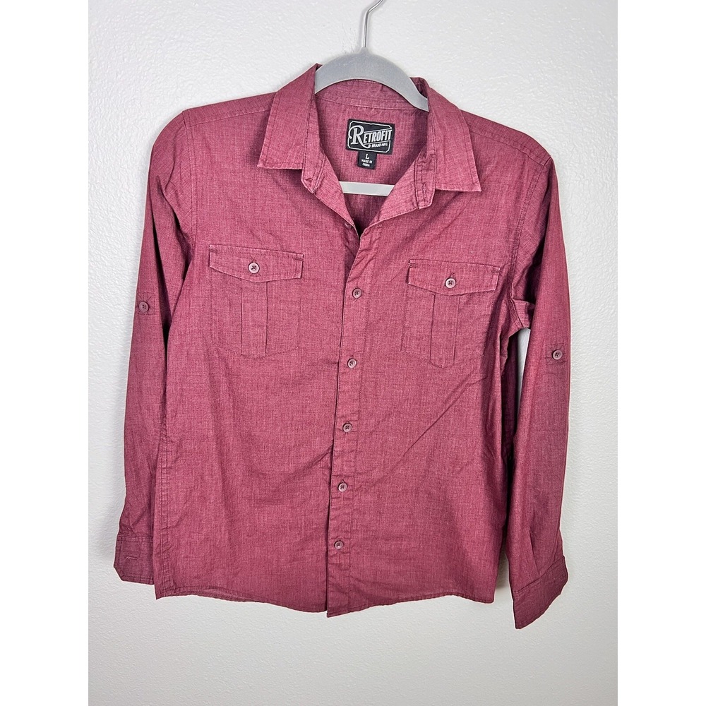 Men RETROFIT Brand Button Down Shirt Size Large Maroon Red Short Sleeve‎